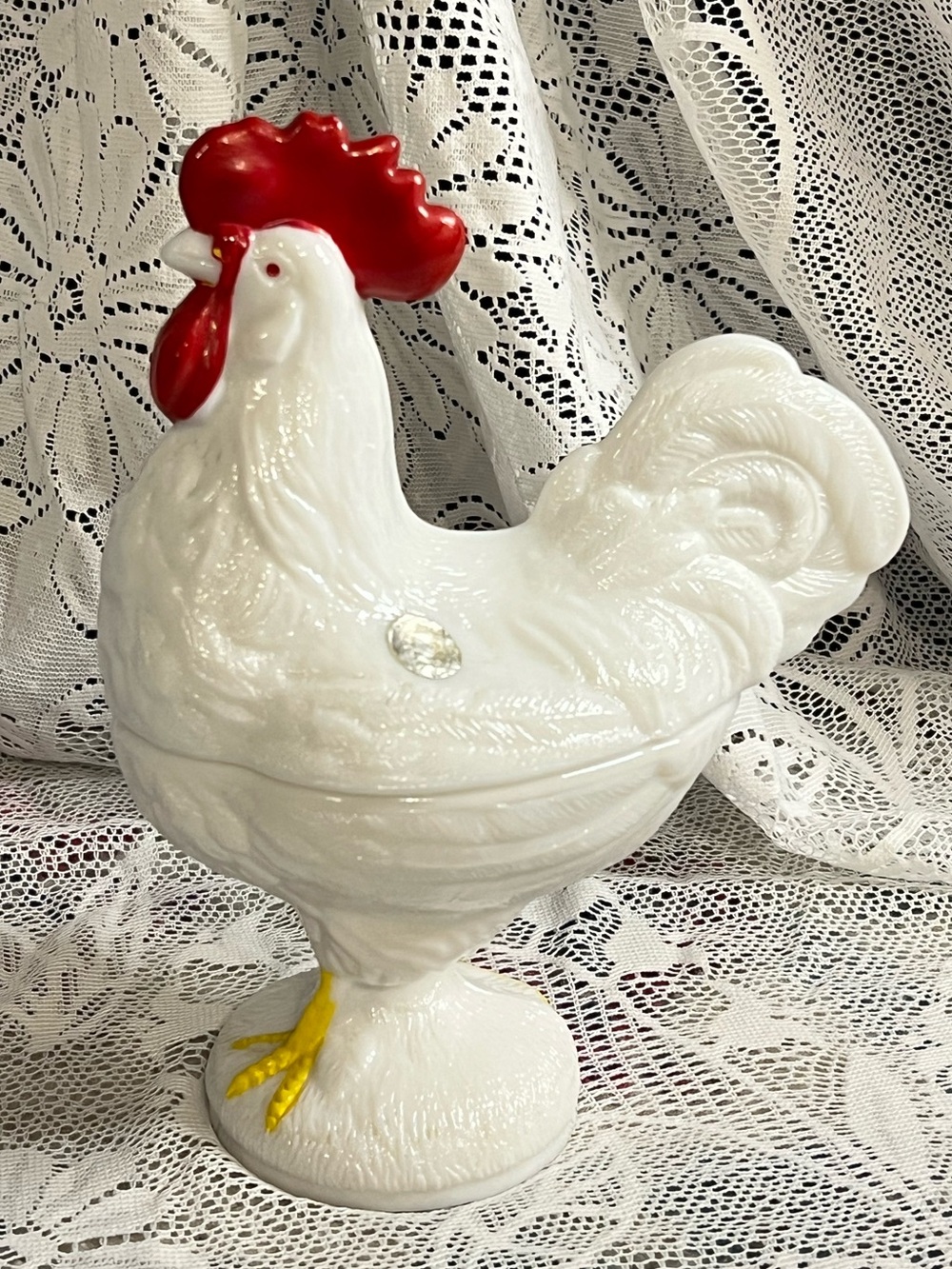 Vintage Westmoreland Milk Glass Chicken on a Nest ROOSTER Footed Dish 9”